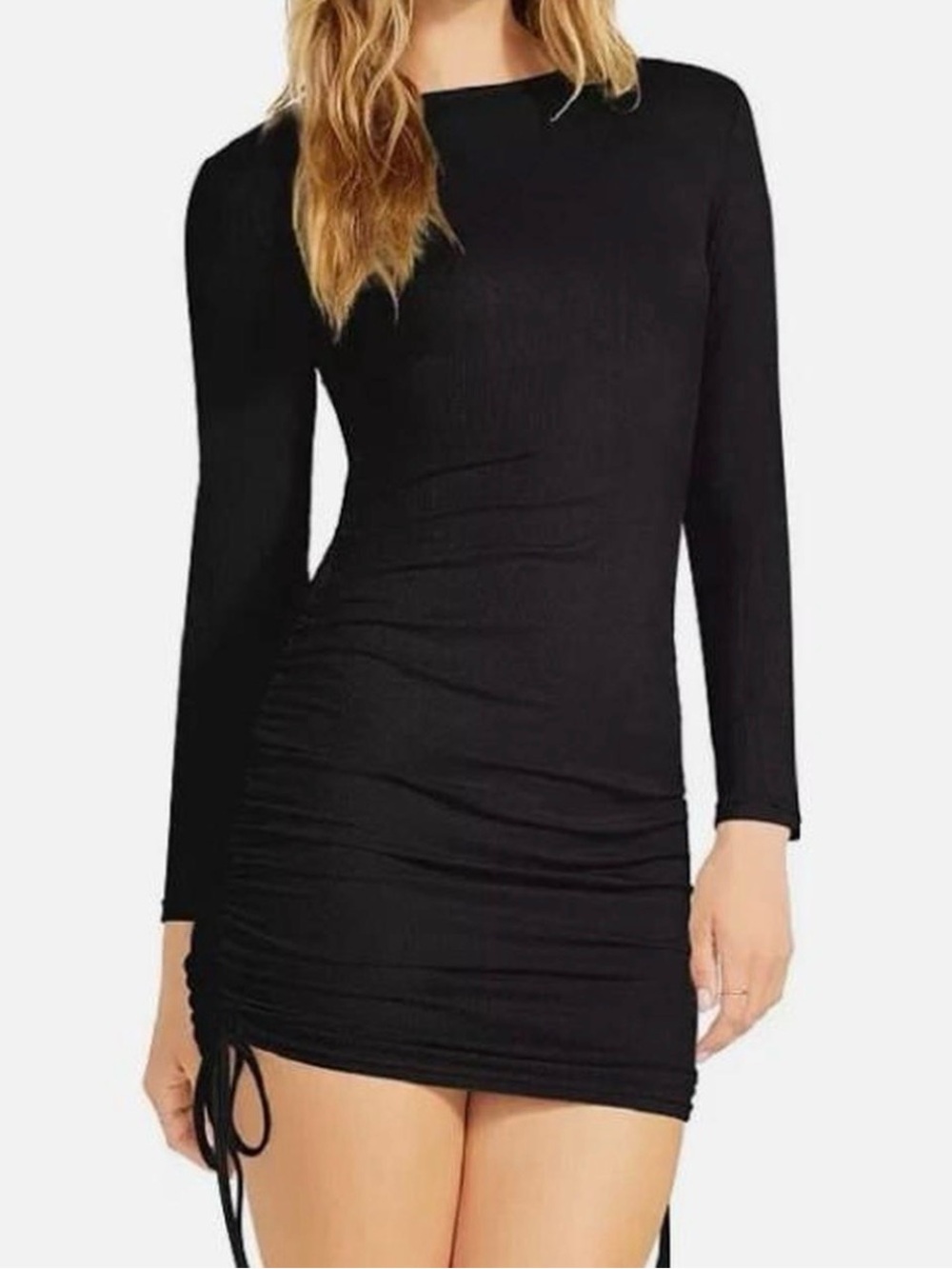 Long Sleeve Black Ruched Mini Dress